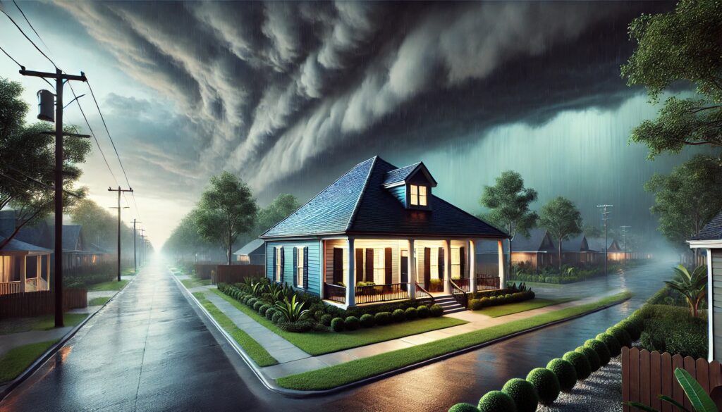 A Louisiana home with reinforced roof, storm shutters, clean yard, and proper drainage system, showcasing storm-proofing measures.