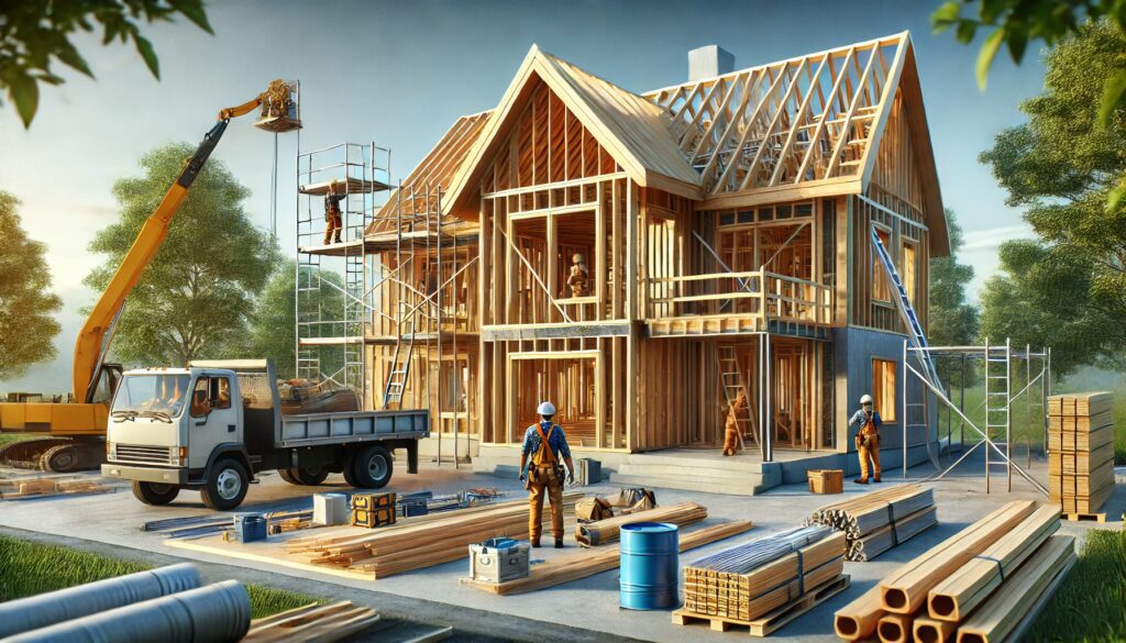 Step-by-step custom home-building timeline, showing foundation, framing, and interior finishing stages.