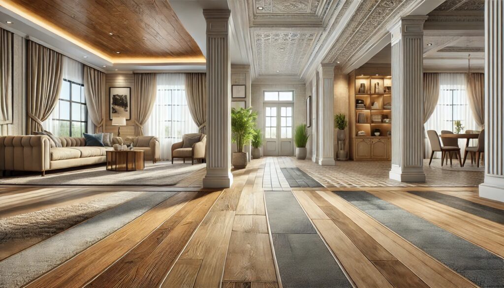 Comparison of the best flooring for high-traffic areas, featuring hardwood, tile, carpet, and vinyl options with pros and cons.